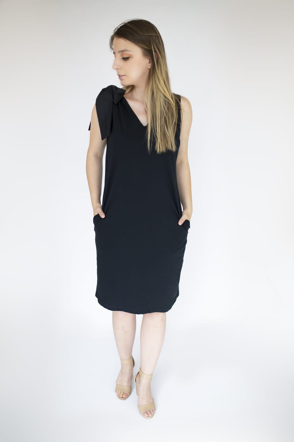 GREEN BLACK JERSEY DRESS WITH TIE SHOULDER - EEBRU