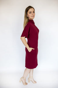 BURGUNDY DRAPPED-NECK JERSEY DRESS - EEBRU