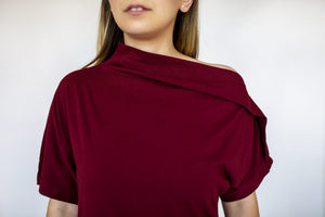 BURGUNDY DRAPPED-NECK JERSEY DRESS - EEBRU