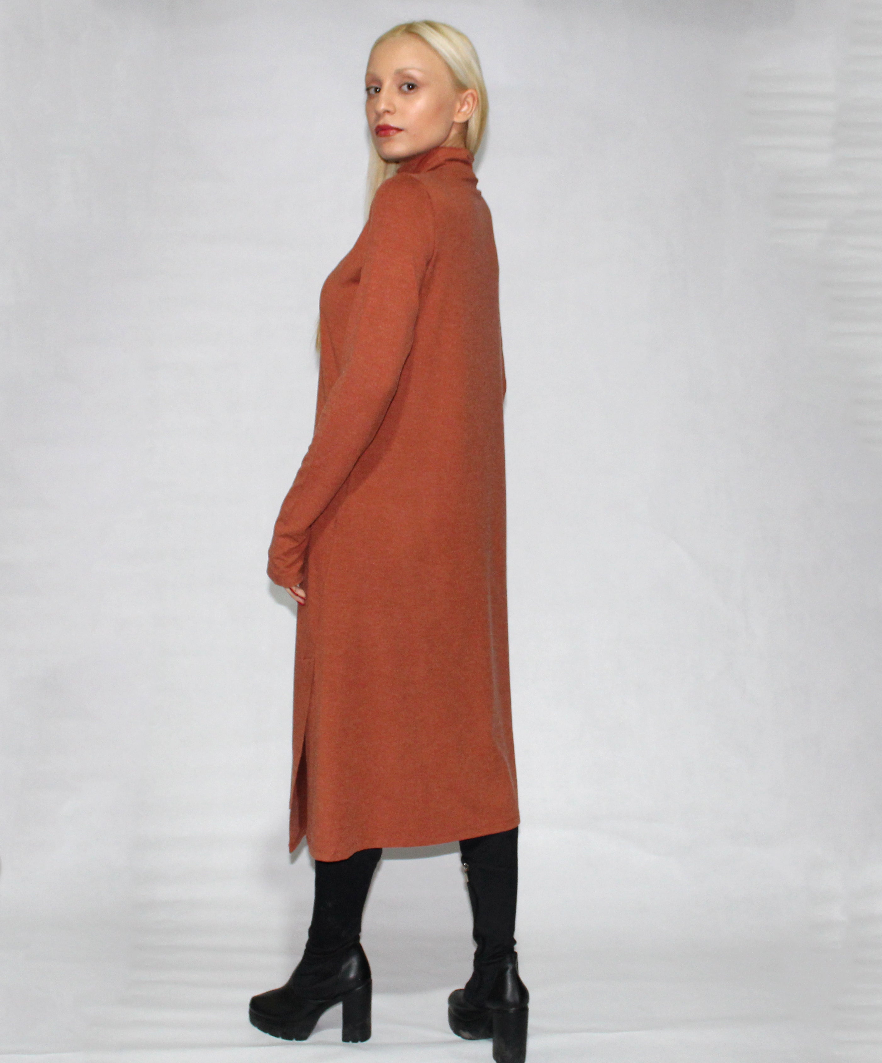 GREEN LONG SLEEVE TURTLE NECK DRESS WITH SIDE SLITS - EEBRU