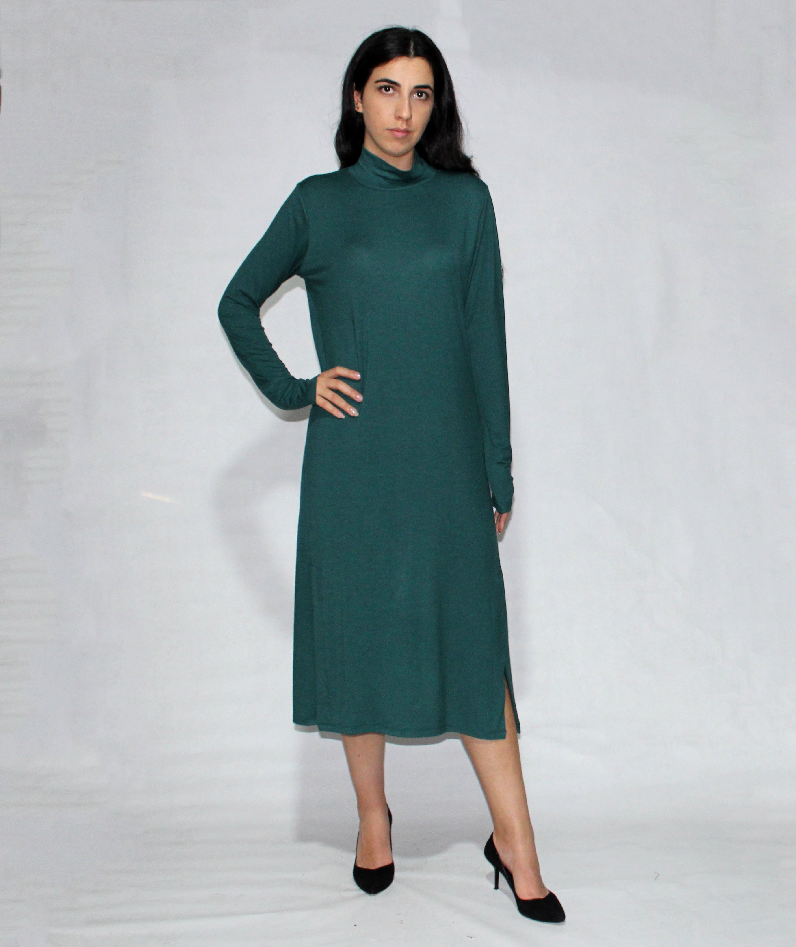 BLACK DRESS LONG SLEEVE TURTLE NECK WITH SIDE SLITS - EEBRU