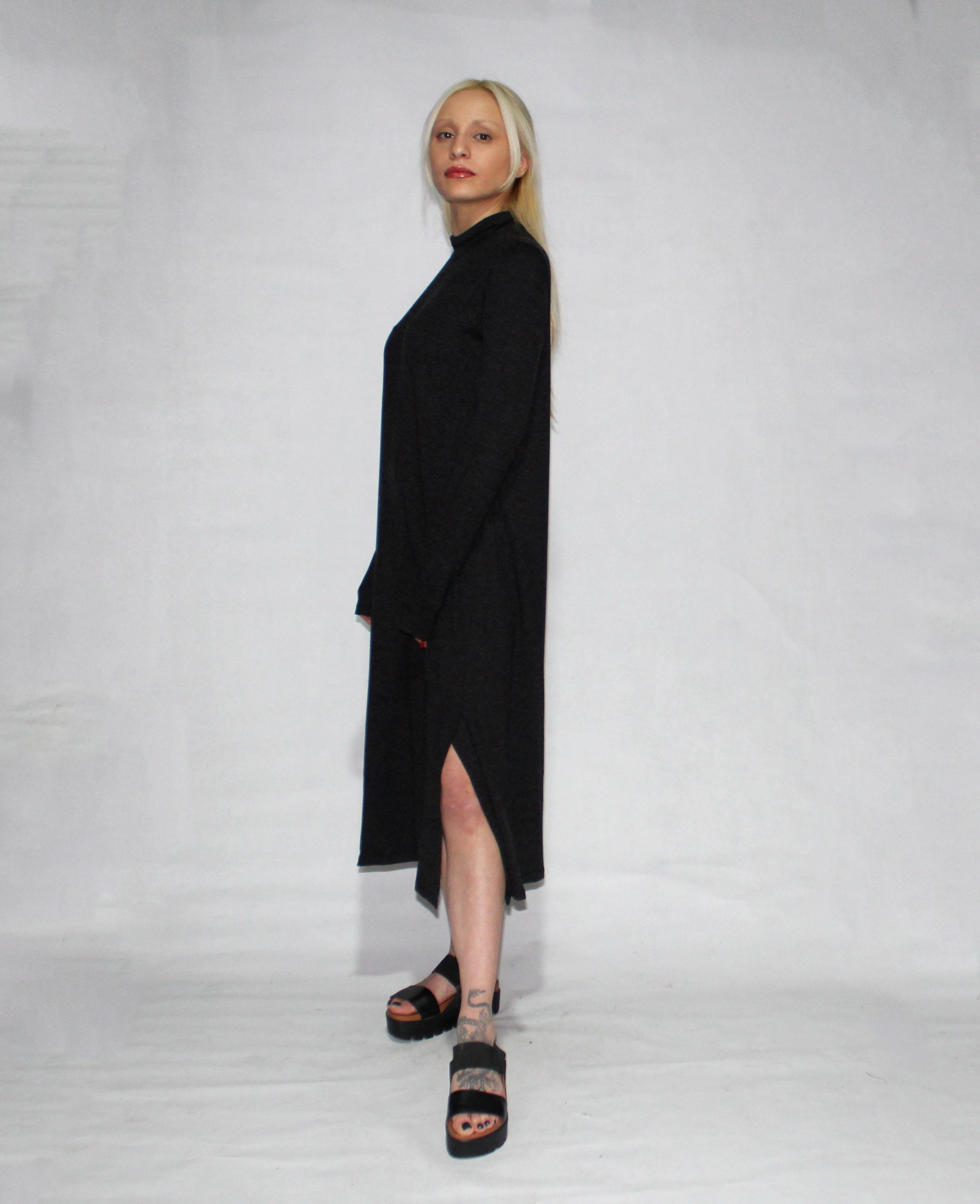 BLACK DRESS LONG SLEEVE TURTLE NECK WITH SIDE SLITS - EEBRU